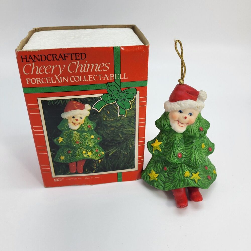 Vintage 1986 Giftco Cheery Chimes Porcelain Christmas Tree Elf Bell Ornament